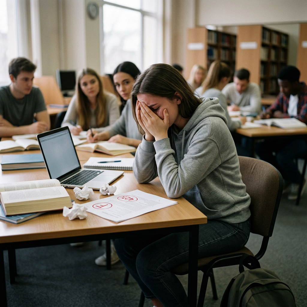 Student sitting at desk with failed exam paper, covering face in distress